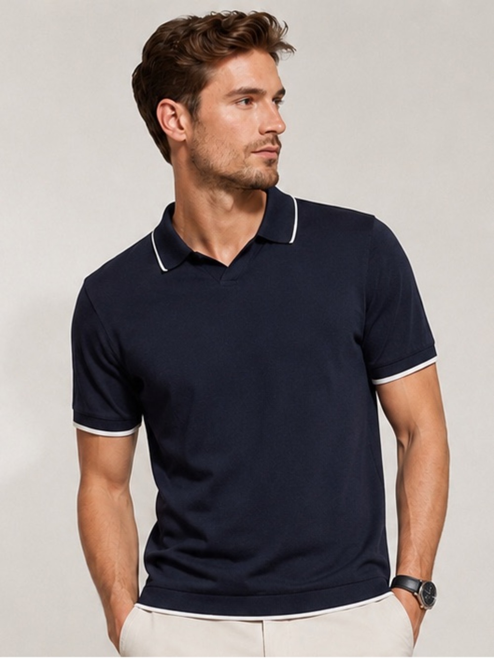 Ted‎ Baker London Navy Knit Polo Shirt Contrast Trim Banded Hem Size 4 Large